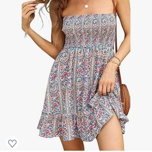 Blue Floral smocked strapless mini dress L NWOT